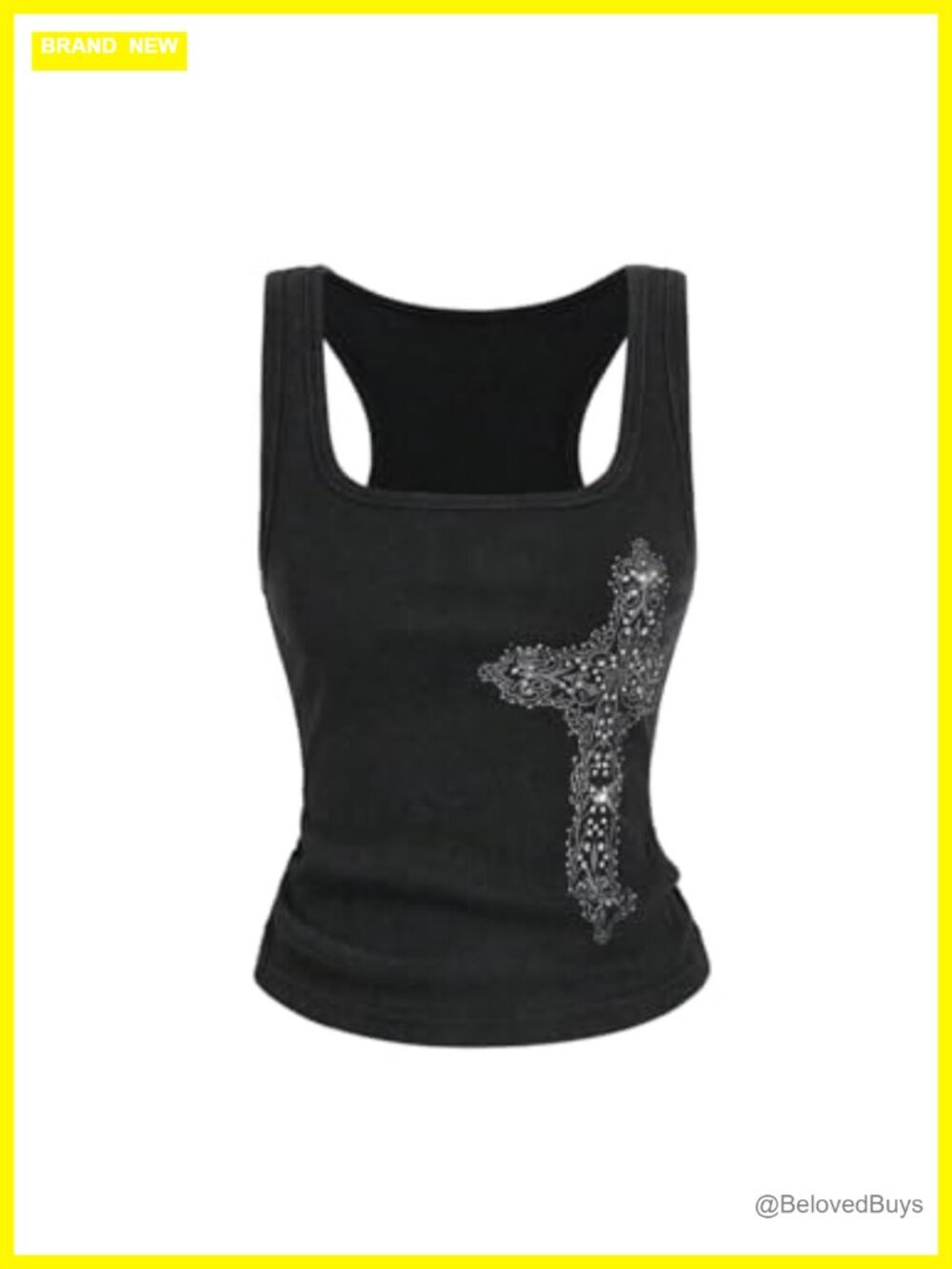 Rhinestone Cross Print Racerback Tank Top Y2K Goth Cropped Ribbed Knit